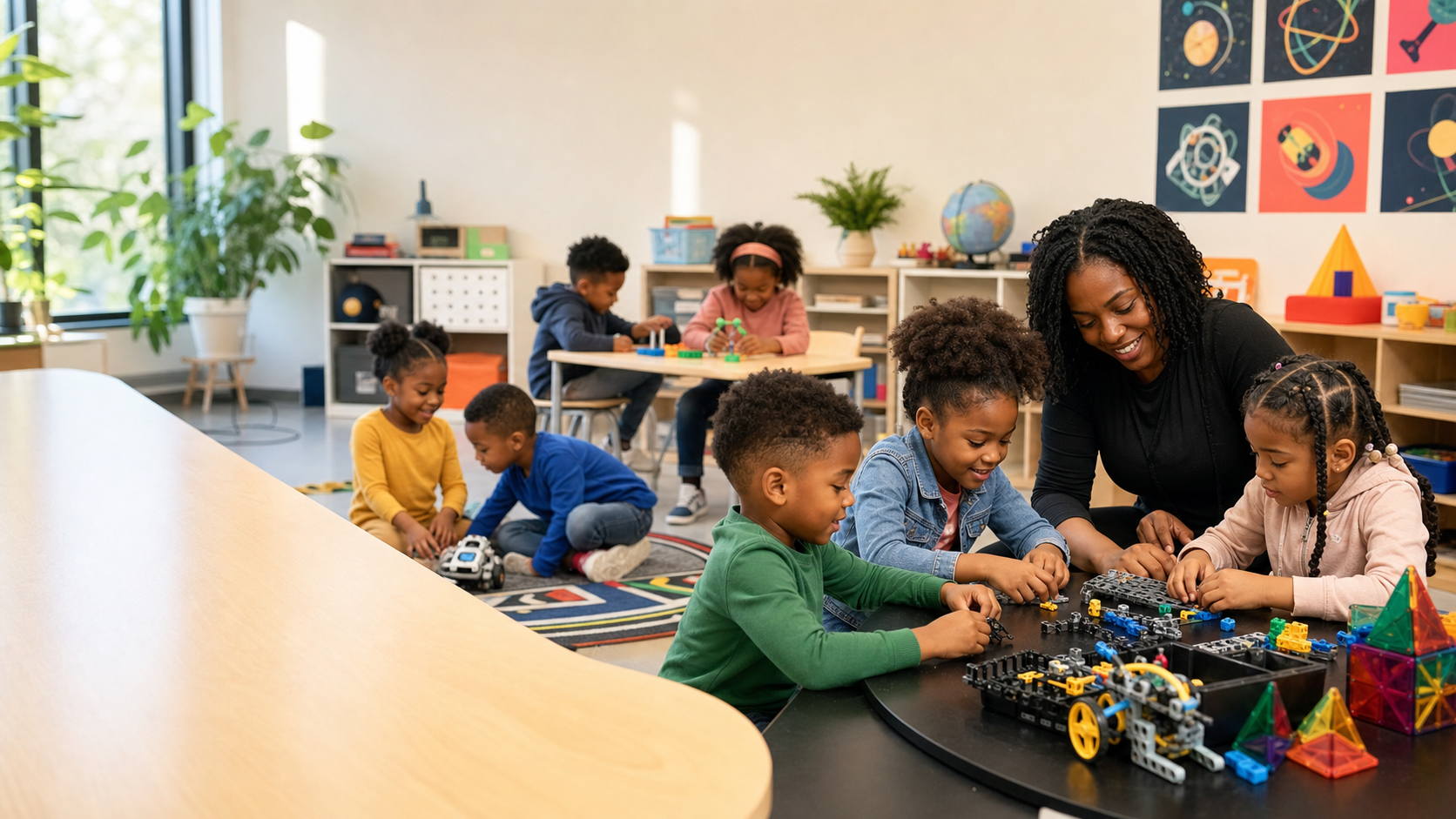 Black children and children of color exploring STEM activities in a bright classroom with a caring Black educator nearby